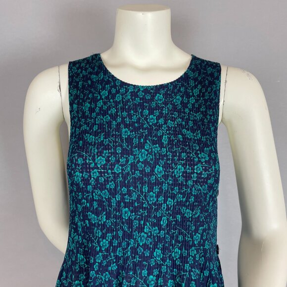 Floral Tunic Top Button-Side Shirred Sleeveless Semi-Sheer Blue Teal Pockets - Picture 3 of 11